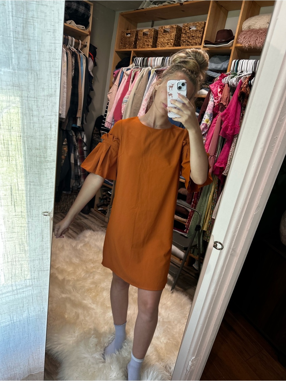 She + Sky Rust Orange Ruffle Sleeve Shift Dress